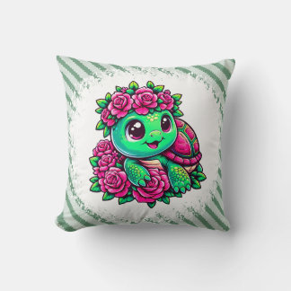 Glückliche Grüne Schildkröte mit rosa Rosen Kissen