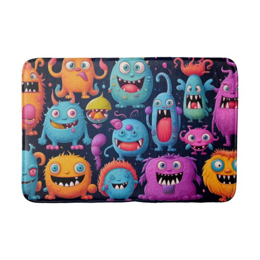 Glückliche Gruppe farbenfroher Monster auf schwarz Badematte (Vorderseite)