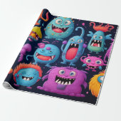 Glückliche Gruppe farbenfroher Monster auf schwarz Geschenkpapier (Ungerollt)