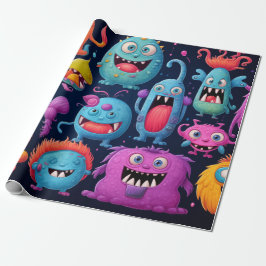 Glückliche Gruppe farbenfroher Monster auf schwarz Geschenkpapier