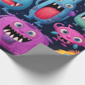 Glückliche Gruppe farbenfroher Monster auf schwarz Geschenkpapier (Ecke)