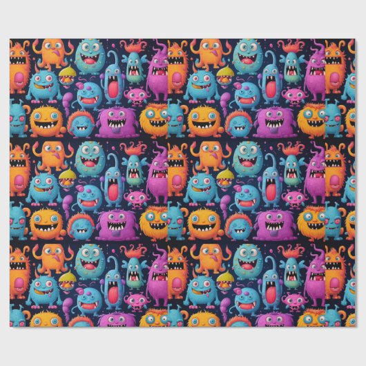 Glückliche Gruppe farbenfroher Monster auf schwarz Geschenkpapier (Flach)