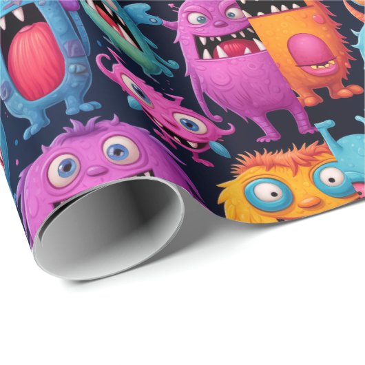 Glückliche Gruppe farbenfroher Monster auf schwarz Geschenkpapier (Rolleneckpunkt)