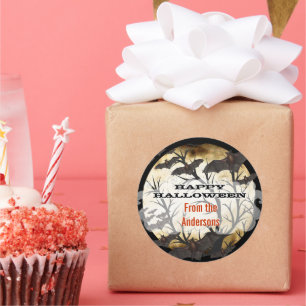 Glückliche Halloween-Fledermäuse und Bäume-Burnt-P Runder Aufkleber