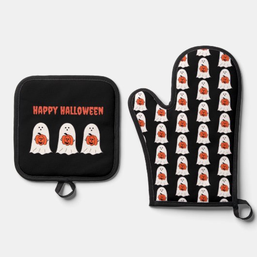 Glückliche Halloween-Geister mit Jack-o-Lanterns Ofenhandschuh & Topflappen-Set (Vorderseite)