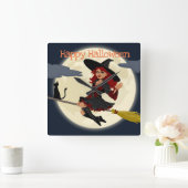 Glückliche Halloween-Hexe-Wanduhr Quadratische Wanduhr (Zuhause)