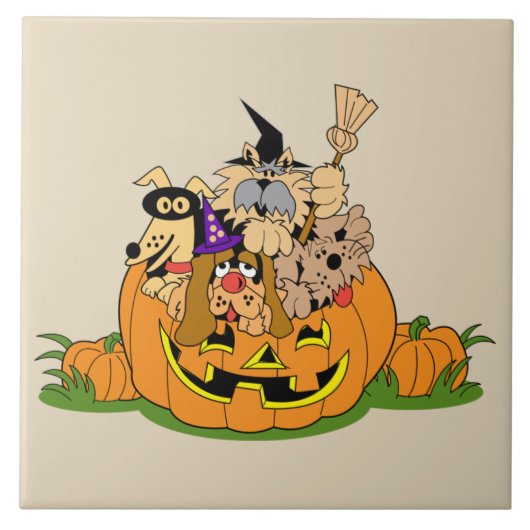 Glückliche Halloween-Hunde im Kürbis Fliese (Vorderseite)