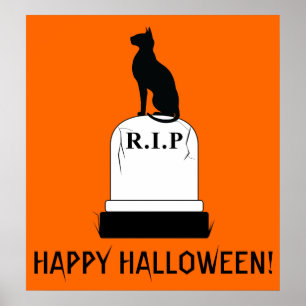 Glückliche Halloween-Katze auf Grabstein R.I.P. Poster