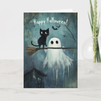 Glückliche Halloween-Katze und Geist fliegen mit e Dankeskarte
