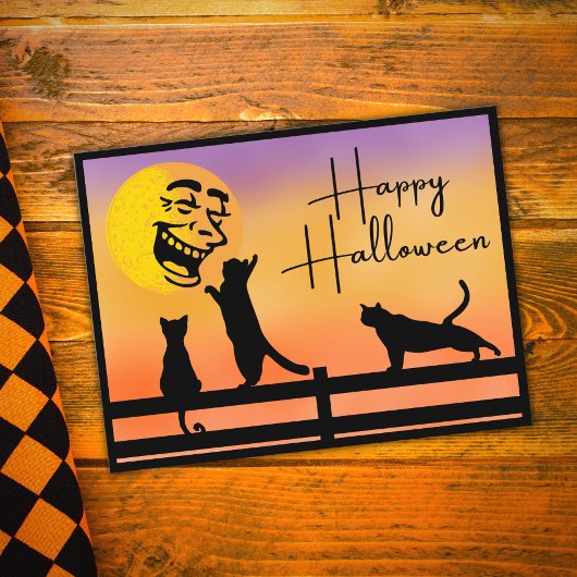 Glückliche Halloween Katzen und lachende Mond Post Postkarte
