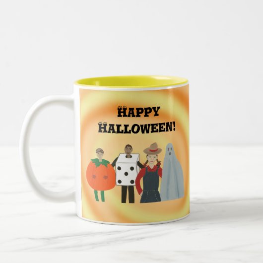 Glückliche Halloween-Kinder in Kostümen, Tasse (Links)