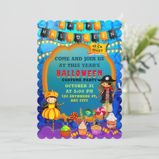 Glückliche Halloween-Kostümkinder Party-Feier Einladung (Stehend Vorderseite)