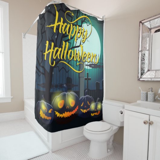 Glückliche Halloween-Kürbis auf dem Friedhof Duschvorhang (Beispiel)