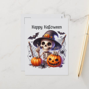 Glückliche Halloween-Skelettbücher Feiertagspostkarte