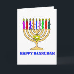 Glückliche Hannukah Menorah Karte<br><div class="desc">Ein helles Hannukah menorah mit den Wörtern glücklicher Hannukah begrüßt den Feiertag.   Glückliches Latkeessen!</div>