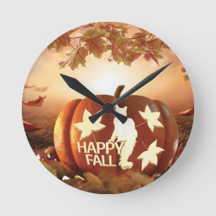 Glückliche Herbst-Pumpkin-Uhr mit Katze und Blätte Runde Wanduhr