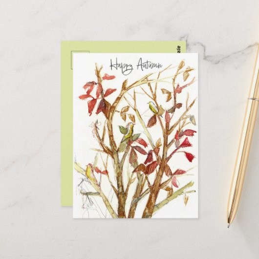Glückliche Herbstfarben Baum Vögel Zweige Postkarte (Vorderseite/Rückseite Beispiel)