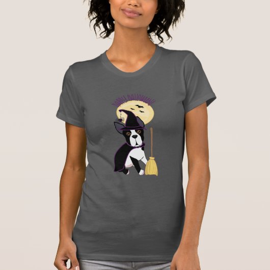 Glückliche Hexe Halloweens Boston Terrier T-Shirt (Vorderseite)