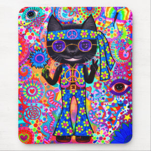 Glückliche Hippie-Katze Sonnenbrille Friedenszeich Mousepad