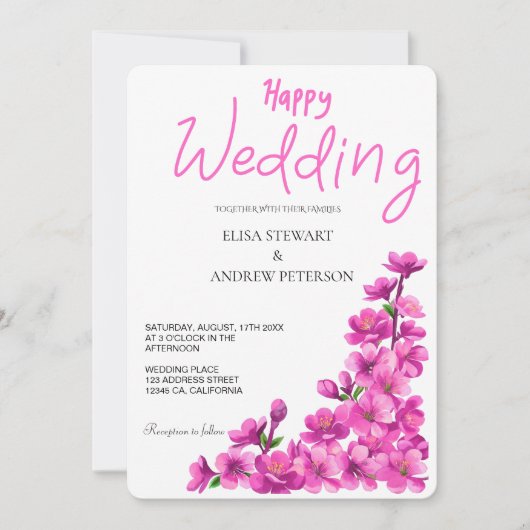 Glückliche Hochzeit Romantische Florale Hochzeit Einladung (Vorderseite)
