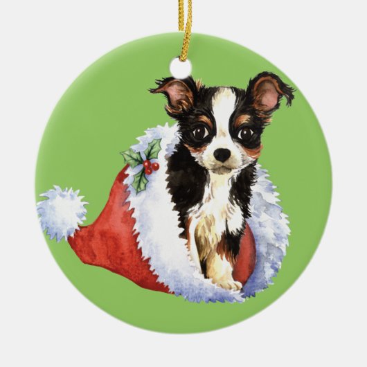 Glückliche Howliday lange Mantel-Chihuahua Keramikornament (Vorne)