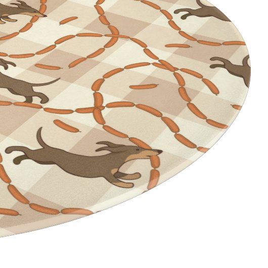 glückliche Hunde mit Wursthintergrund Schneidebrett (Ecke)