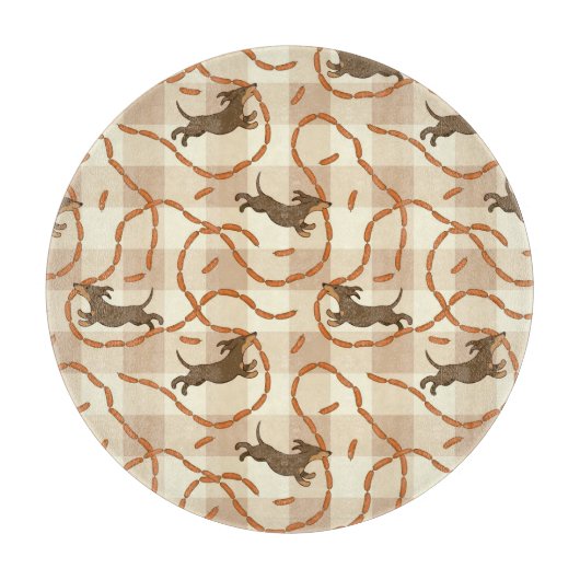 glückliche Hunde mit Wursthintergrund Schneidebrett (Vorderseite)