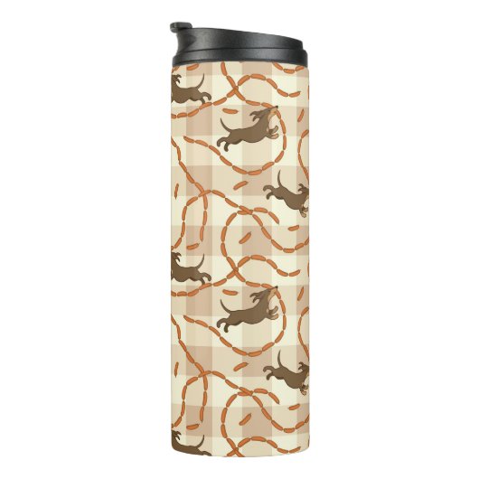 glückliche Hunde mit Wursthintergrund Thermosbecher (Nach rechts gedreht)