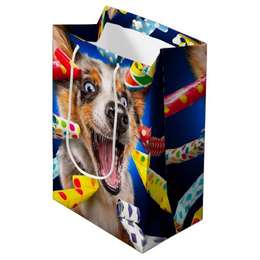Glückliche Hunde-Party-Tut-Bläser Mittlere Geschenktüte (Vorderseite Schrägansicht)