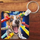 Glückliche Hunde-Party-Tuten Schlüsselanhänger (Rückseite)