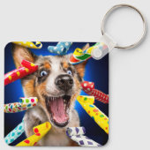 Glückliche Hunde-Party-Tuten Schlüsselanhänger (Rückseite)