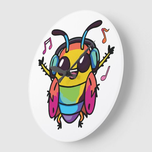 Glückliche Kakerlake mit Kopfhörern und Musik Große Wanduhr (Winkel)