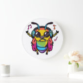 Glückliche Kakerlake mit Kopfhörern und Musik Große Wanduhr (Zuhause)