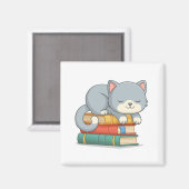 Glückliche Katze auf einem Bücherstapel Magnet (Vorderseite/Rückseite)