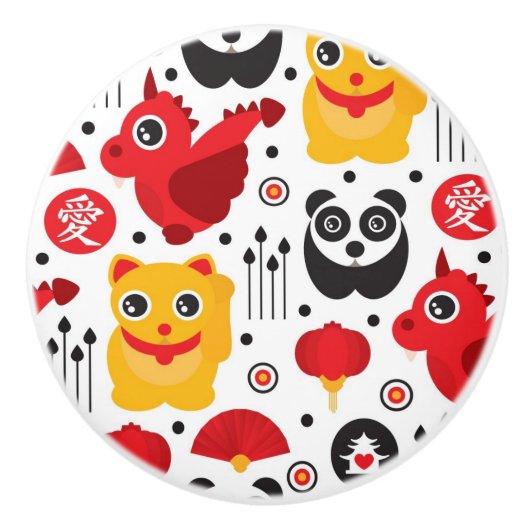 Glückliche Katze, Drache und Panda der China Keramikknauf (Vorderseite)