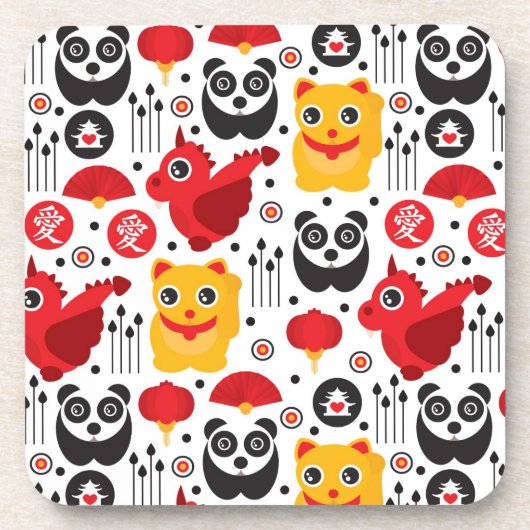 Glückliche Katze, Drache und Panda der China Untersetzer (Vorderseite)