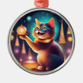 Glückliche Katze feiert Weihnachten, Ornament Aus Metall