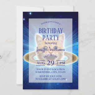 Glückliche Katze im Weltraum. Einladung