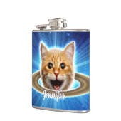 Glückliche Katze im Weltraum. Flachmann (Links)