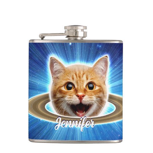 Glückliche Katze im Weltraum. Flachmann (Vorderseite)