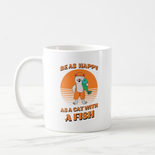 Glückliche Katze mit Fisch. Katze Fischer. Funny Kaffeetasse (Links)