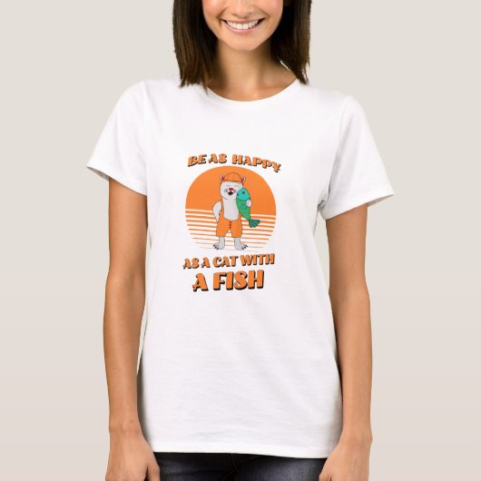 Glückliche Katze mit Fisch. Niedlicher Katzenfisch T-Shirt (Vorderseite)