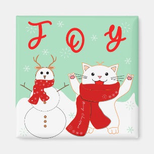 Glückliche Katze mit Schneemann Süßer Weihnachts Magnet