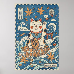 Glückliche Katzenwandkunst - Lächelnde Maneki Neko Poster