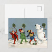 Glückliche Kinder, die mit dem Schneemann laufen,  Postkarte (Vorne/Hinten)