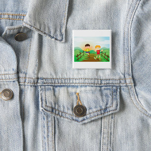 Glückliche Kinder spielen draußen Button