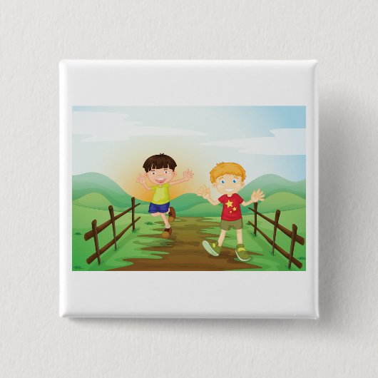 Glückliche Kinder spielen draußen Button (Vorderseite)