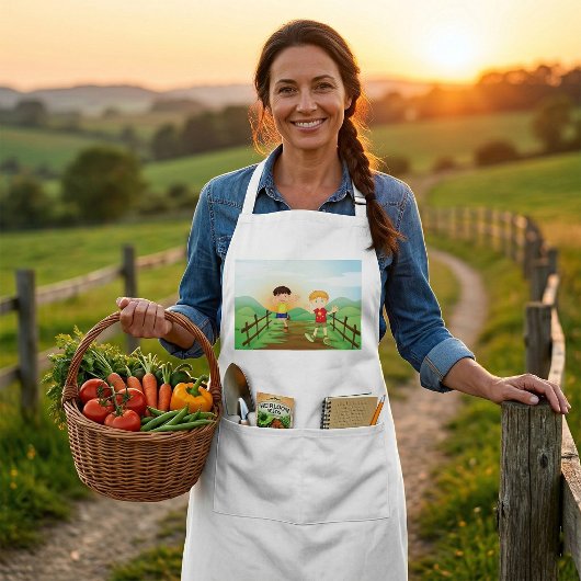 Glückliche Kinder spielen draußen Schürze