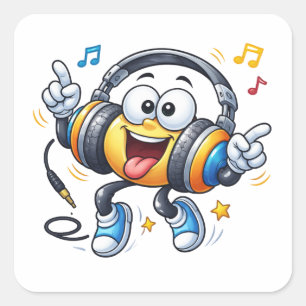 Glückliche Kopfhörer Cartoon-Musik-Aufkleber Quadratischer Aufkleber