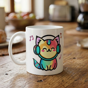 Glückliche lächelnde Kawaii-Cartoon-Katze mit Kopf Kaffeetasse